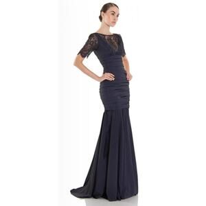 Theia Lace Sleeve Ruched Evening Dress 881865 Midnight Blue Mermaid Gown $748 8